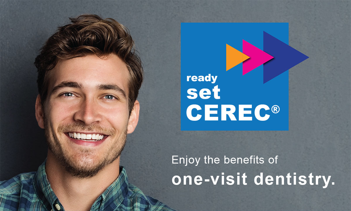 The image features a smiling man with blue eyes and facial hair, wearing a plaid shirt, standing against a dark background with a graphic design overlay on the right side that includes text and a logo for a dental clinic named Cerec .
